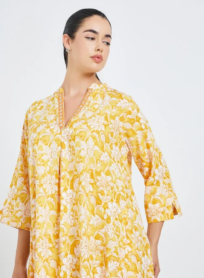 Amirah Women Yellow Floral Print A-Line Jalabiya